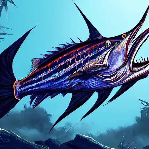 Image similar to zombified tribal sailfish, trending on artstation, ultra fine detailed, hyper detailed, hd, concept art, digital painting