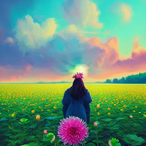 Image similar to giant dahlia flower as head, full body girl standing in a flower field, surreal photography, sunrise, dramatic light, impressionist painting, colorful clouds, digital painting, artstation, simon stalenhag