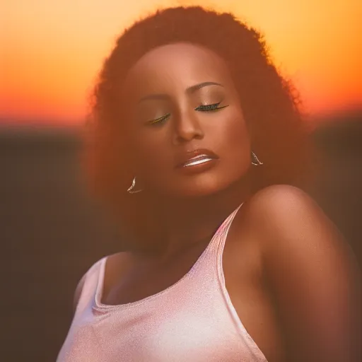 Prompt: realistic photo of an African American woman, with exquisite hollywood style makeup on, her eyes closed as the sun is setting behind her, studio photography, f/1.8 cinematic lens