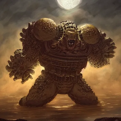 Prompt: A man facing a Giant Muscular hybrid of Spongebob and Mechagodzilla wearing Samurai outfit under the full moon illustration by Renato muccillo and Andreas Rocha and Johanna Rupprecht + dofus colors, wakfu colors + symmetry + greco-roman art, intricate ink illustration, intricate complexity, epic composition, magical atmosphere + wide long shot, wide angle + masterpiece, trending on artstation + 4k