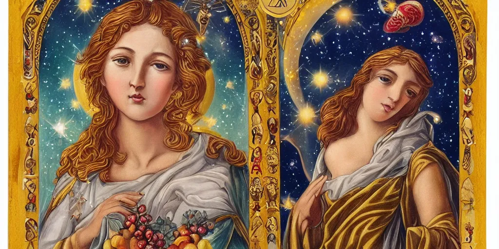 Prompt: face majestic baroque sistina saint Woman Venus godness Athena beautiful gracious pagans marble and gold in space stars clouds tarot suns greeks, coerent face and body, fruits, bioluminescent skin, bees, pomegranade