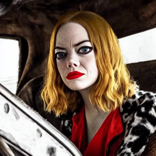 Image similar to emma stone as cruella in mad max fury road