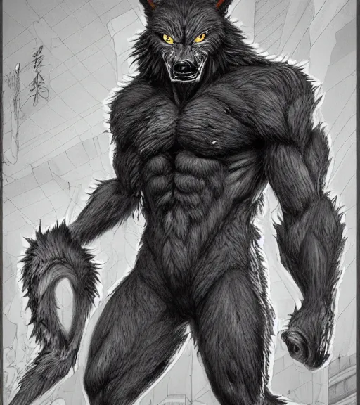 Prompt: full body detailed portrait werewolf by yusuke murata and masakazu katsura, artstation, highly - detailed, worn pants, short pants, highly detailed pants, pants, pants with pockets, cgsociety, pencil and ink, city in the background, dark colors, unreal engine, intricate details