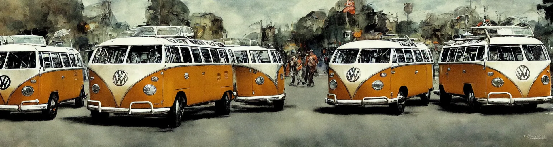 Image similar to a detailed vw buses racing in the street by frank frazetta