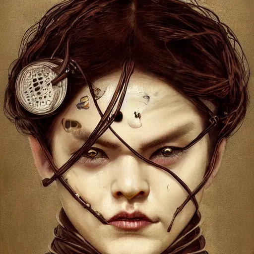 Prompt: portrait of a Shibari razor wire wrapped face and neck, headshot, insanely nice professional hair style, dramatic hair color, digital painting, of a old 17th century, old cyborg merchant, amber jewels, baroque, ornate clothing, scifi, realistic, hyperdetailed, chiaroscuro, concept art, art by Franz Hals and Jon Foster and Ayami Kojima and Amano and Karol Bak,