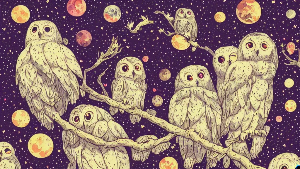 Prompt: very detailed, ilya kuvshinov, mcbess, rutkowski, watercolor quilt illustration of nest of baby owls at night, colorful, deep shadows, astrophotography, highly detailed, wide shot