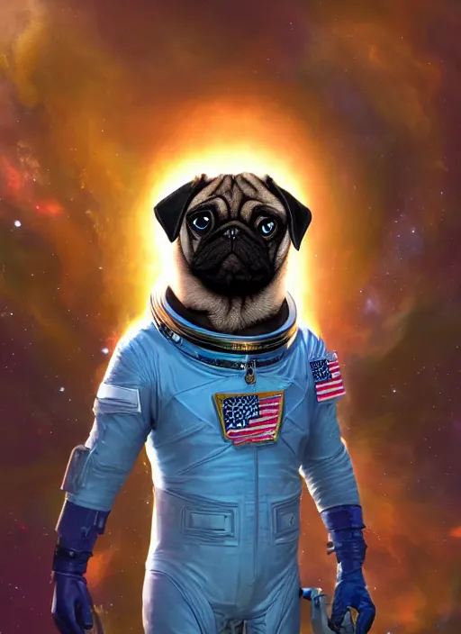 Image similar to An epic fantasy comic book style portrait painting of a pug astronaut in space, unreal 5, DAZ, hyperrealistic, octane render, cosplay, RPG portrait, dynamic lighting