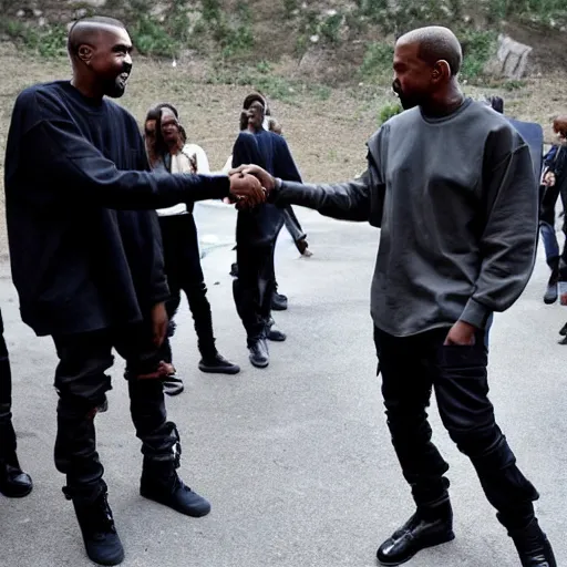 Prompt: kanye west shaking hands with slenderman