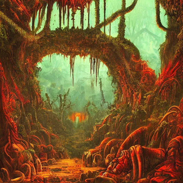 Image similar to blood temple in a jungle painting