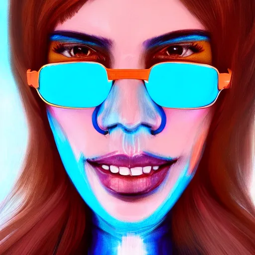 Image similar to closeup painting of a very beautiful young mexican cyberpunk woman smiling, wearing light blue shades and a leather jacket, one side haircut, long brown hair with light blue ends, portrait, hyperdetailed, artstation, cgsociety, 8 k, synthwave by tangerine dream