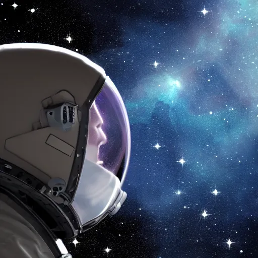 Prompt: side profile of an astronaut without his visor up, floating in space, close up, in a nebula, digital art