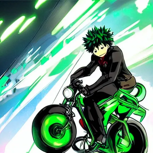 Image similar to Izuku Midoriya is riding a electric neon bike, Yoji Shinkawa