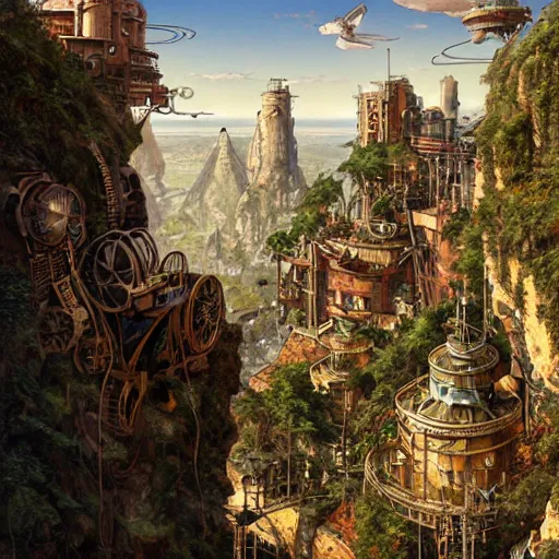 Image similar to steampunk city on a cliff, dense foliage poster art by kim jung giu and weta studio, and lucasfilm and jesper ejsing and norman rockwell greg rutkowski frank frazzeta