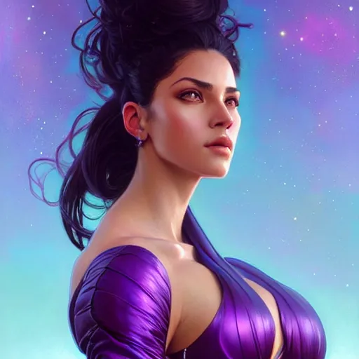 Image similar to Portrait of very very very very very very beautiful Latina woman, spacesuit, purple eyes, intricate, elegant, highly detailed, digital painting, artstation, concept art, smooth, sharp focus, illustration, art by artgerm and greg rutkowski and alphonse mucha