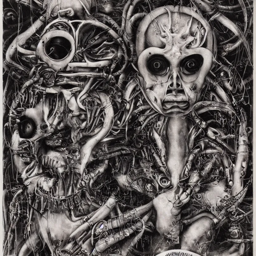 Prompt: post - punk pop techno new age album cover, asymmetrical design, alien? magic, apocalypse, psychedelic, highly detailed, black white pink, magic, giger h. r., giuseppe arcimboldo