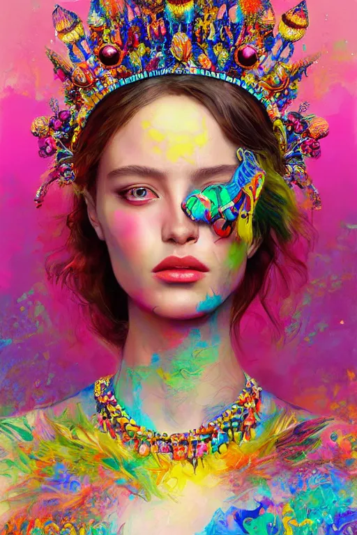 Prompt: a colorful psychedelic illustration of a fashion model wearing an alexander mcqueen beaded crown with beads hanging over her eyes, by magali villeneuve, artgerm, jeremy lipkin and michael garmash, rob rey and kentaro miura style, trending on art station