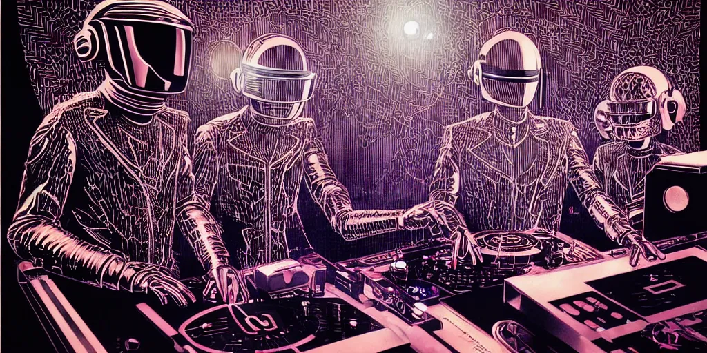 Image similar to intricate detailed artwork of Daft Punk using dj controller at an underground rave party in Ibiza, playing techno house music LOUD, thousands of beautiful girls in bikini dancing on the dancefloor, in the style of Moebius, wires, speakers, black and white ink, some ink drips