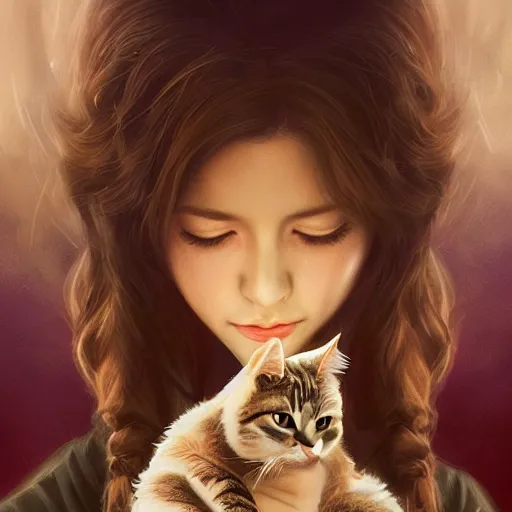 Image similar to Aerith Gainsborough holding a cat portrait, atmospheric lighting, painted, intricate, volumetric lighting, beautiful, rich deep colors masterpiece, golden hour, sharp focus, ultra detailed, by Leesha Hannigan, Ross Tran, Thierry Doizon, Kai Carpenter,Ignacio Fernández Ríos