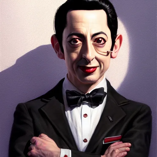 Prompt: Portrait of pee-wee herman, black hair, highly detailed, digital painting, artstation, concept art, illustration, art by greg rutkowski and hajime sorayama