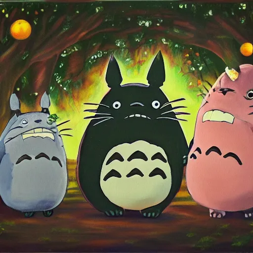 Image similar to a beautiful painting of totoro dancing at the disco, highly detailed, sharp, 4 k, 8 k, oil on canvas