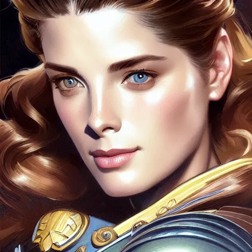 Image similar to A combination of Ashley Greene's and Grace Kelly's faces as a Space Marine, western, D&D, fantasy, intricate, elegant, highly detailed, digital painting, artstation, concept art, matte, sharp focus, illustration, art by Artgerm and Greg Rutkowski and Alphonse Mucha