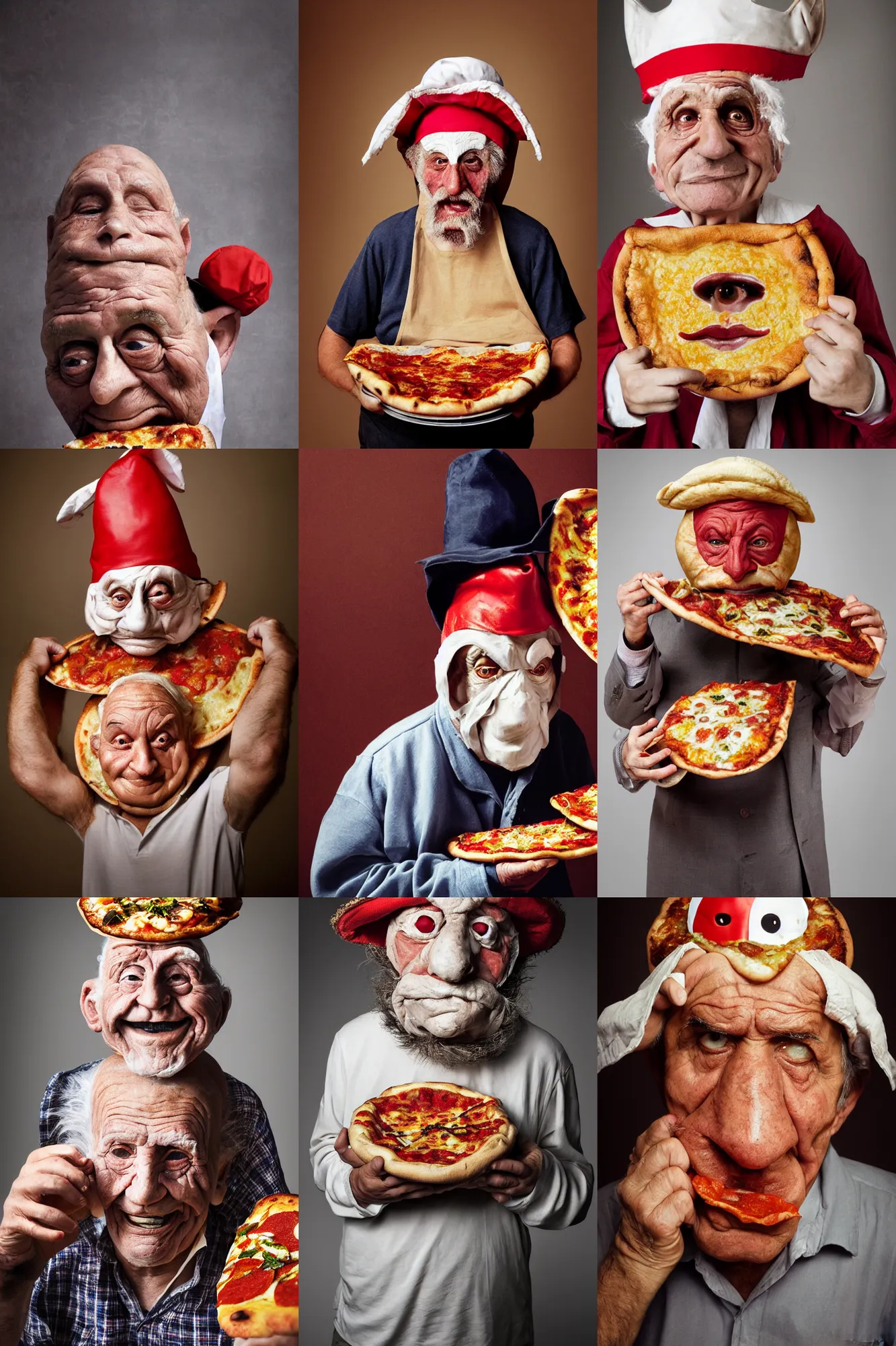 Prompt: close - up portrait of a wrinkled old man wearing a pulcinella mask holding up a pizza!! to behold, clear eyes looking into camera, baggy clothing and hat, masterpiece photo by martin schoeller