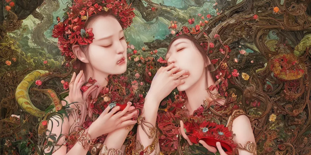Image similar to breathtaking detailed concept art painting of kissing goddesses of rafflesia arnoldii flowers, orthodox saint, with anxious, piercing eyes, ornate background, amalgamation of leaves and flowers, by Hsiao-Ron Cheng, James jean, Miho Hirano, Hayao Miyazaki, extremely moody lighting, 8K