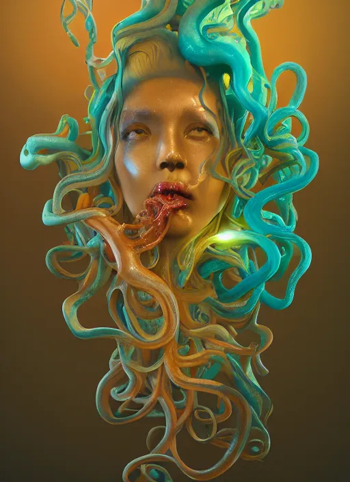 Image similar to subsurface scattering, medusa made of soft wax, cgsociety, translucent, organic squid and ceramic art nouveau swirls, golden orbs, colored smoke, in the style of alberto seveso and ruan jia and beeple and giger, mystical colors, back light, rim light, dramatic lighting, 8 k, stunning scene, raytracing, octane render