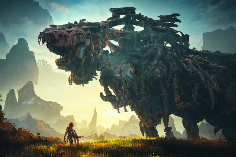 Image similar to tremortusk machine creature robot of horizon forbidden west horizon zero dawn radiating a glowing aura global illumination ray tracing hdr fanart arstation by ian pesty and alena aenami artworks in 4 k