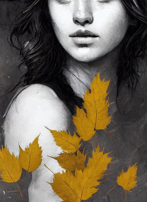 Image similar to golden leaves at frame border, creative!!! composition for a book cover, moon, beautiful portrait painting by jeremy mann, a female witch beautiful, ultrafine hyperrealistic detailed face by wlop and artgerm and greg rutkowski, intricate linework, sharp focus, smooth, octopath traveler, final fantasy, unreal engine, dramatic lighting, ethereal, 8 k