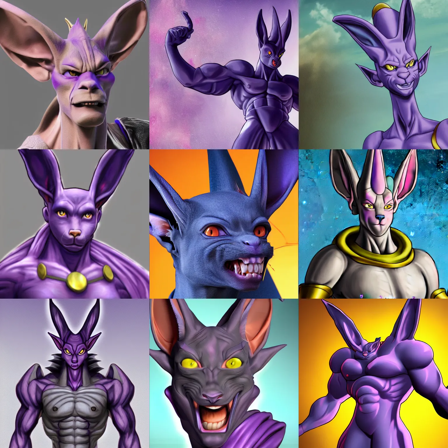 Prompt: hyper realistic rendering of lord beerus