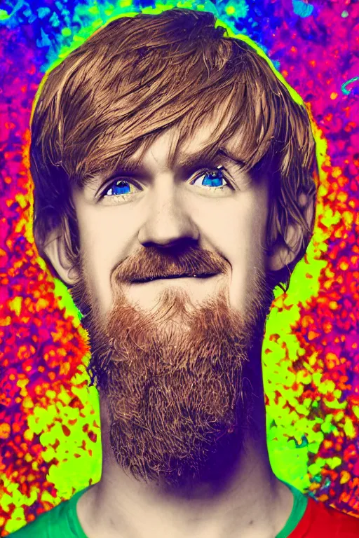 Image similar to inspirational style hope poster of shaggy bo burnham with beard, psychedelic colors, highly detailed, photograph, loving