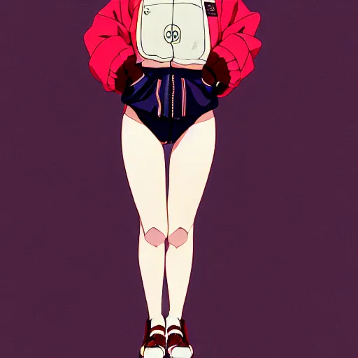 Image similar to a beautiful japanese natalie portman gravure model, wearing oversized native designer bomber jacket and leotard with overalls, bulky poofy bomber jacket with mesoamerican patterns, mesoamerican native street fashion, gapmoe yandere grimdark, trending on pixiv fanbox, painted by greg rutkowski makoto shinkai takashi takeuchi studio ghibli, akihiko yoshida