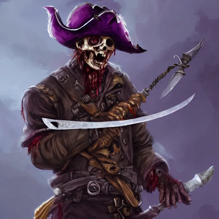 Prompt: Zombie pirate Captain wielding a sandstone rapier and sandstone dagger. Wearing a hat with an impressive feather and with a brutal scar across his neck. Magic, dark, purple lighting, flux. High fantasy, digital painting, HD, 4k, detailed.