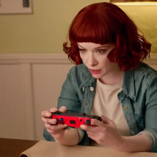 Prompt: a still of Christina Hendricks playing with a Gameboy, in Stranger Things, highly detailed and intricate, cinematic lighting, 8k remastered HDR