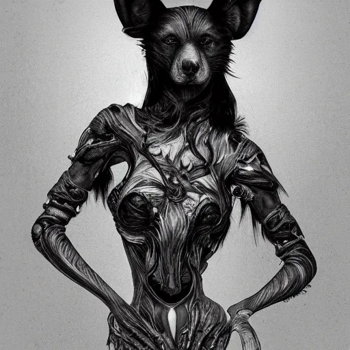 Image similar to a photograpic portrait of a anthropomorphic dog people wearing black clothes, black hair, grey skin, grey ears, fantasy, intricate, elegant, highly detailed, digital painting, artstation, smooth, sharp focus, illustration, art by artgerm and H R Giger and alphonse mucha