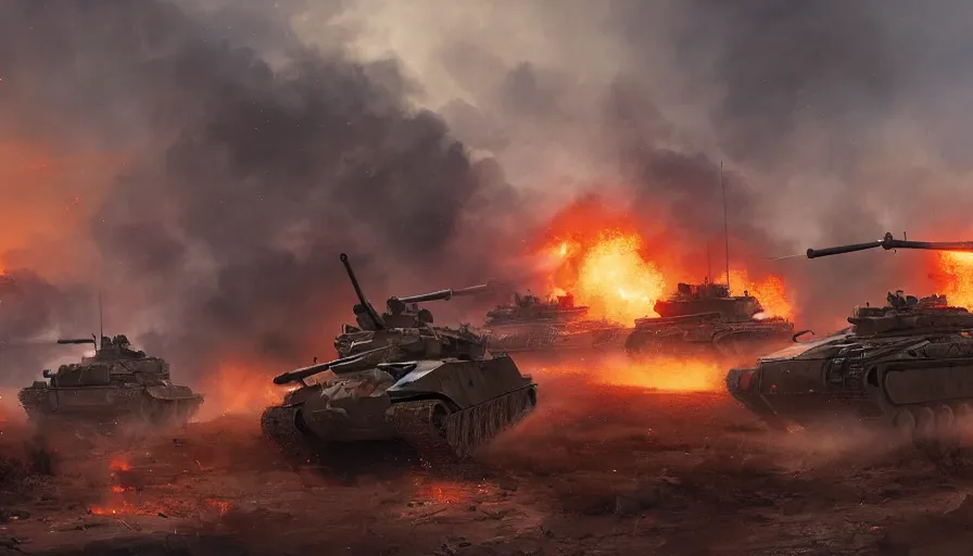 Image similar to Tanks battle in a village and a plain during World War 2 with explosions, fire and smoke columns, hyperdetailed, artstation, cgsociety, 8k