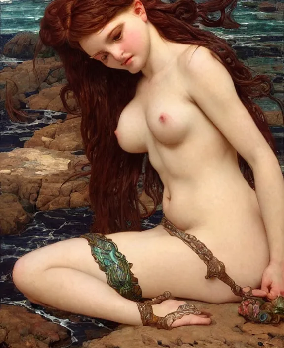 Image similar to a detailed hyperrealistic renaissance mermaid wearing an a intricate beautiful thick leather garters set, honey birdette, realistic renaissance portrait, highly detailed, digital painting, artstation, concept art, smooth, sharp focus, cinematic lighting, art by artgerm and wlop and alphonse mucha and john william godward, john william waterhouse