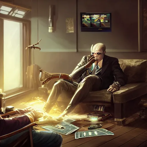 Prompt: realistic rich man using laptop in gaming room, money on floor, artstation trends, sci fi concept art, highly detailed, intricate, sharp focus, digital art, 8 k