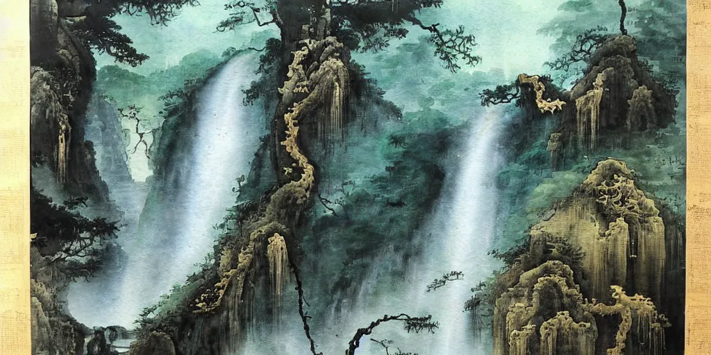 Image similar to “ large ancient gate to other world in the center of waterfall in chinese watercolor painting, oil painting, masterpiece, aesthetic ”