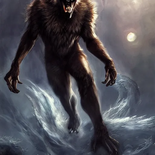 Image similar to Werewolf, epic scene, paint by Raymond Swanland