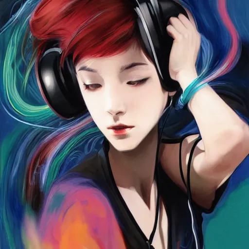 Prompt: cool girl with headphones, expressive sumi-e brush strokes flowing through the composition energetically, sound waves, powerful zen composition, by takehiko inoue and ross tran