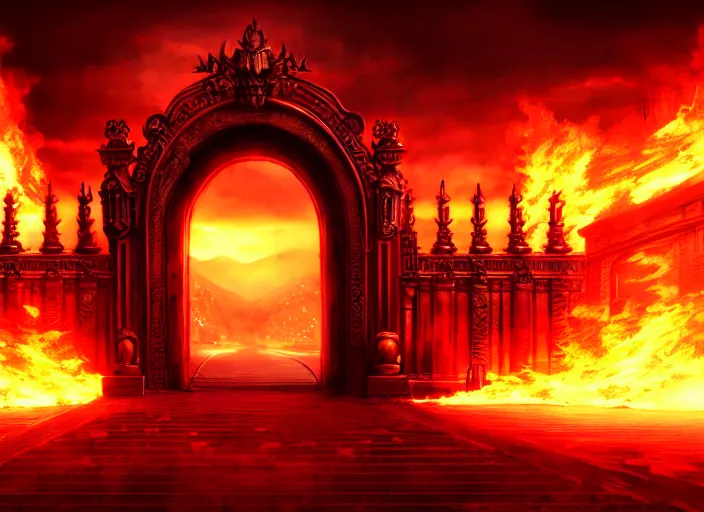 Image similar to huge gate, environment, illustration, fire, smoky, red, colors, epic scene, symmetrical, golden raito, high quality, intricate details, details, intricate, atmosphere, highly detailed, matte painting, cinematic, deviantart, realistic, concept art, 4 k