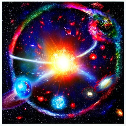 Image similar to image of the entire universe uniting again into perfect love and pure consciousness, defeating the big bang!! final victory of order over disorder!! final defeat of entropy! end of time, galactic scale!! accurate physics mathematics, digital painting, artstation, smooth, sharp focus