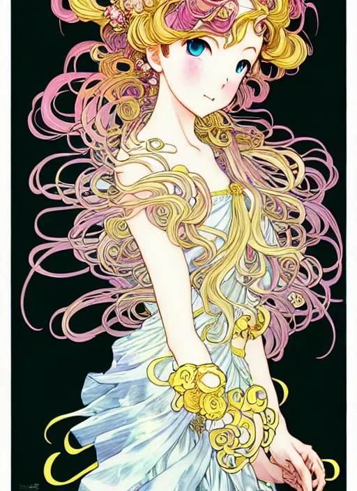 Image similar to exquisite imaginative manga poster of a fairy princess, long wavy hair, rococo ruffles dress, shimmering, by shigenori soejima, minaba hideo, katsuhiro otomo, alphonse mucha, jump comics, illustration, artstation, dark fantastic, highly detailed, 8 k, fluorescent, fluorescent, maximalist