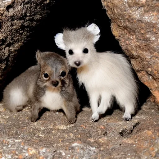 Prompt: several species of small furry animals gathered together in a cave and grooving with a pict