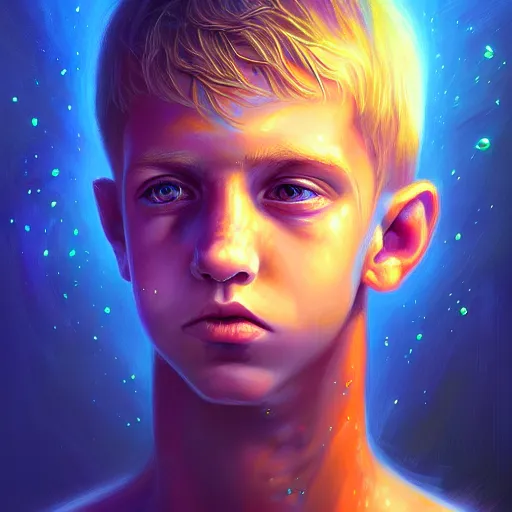 Image similar to visionary art by mandy jurgens, powerful eyes glowing highly detailed painting of deep sadness alone, young blonde boy spiritual portrait, fractal electricity surrounding him, expressive emotional sadness piece, trending on art station, abstract emotional sadness expression, very very very beautiful, fantasy digital art, visionary art, magical fantasy 2 d concept art