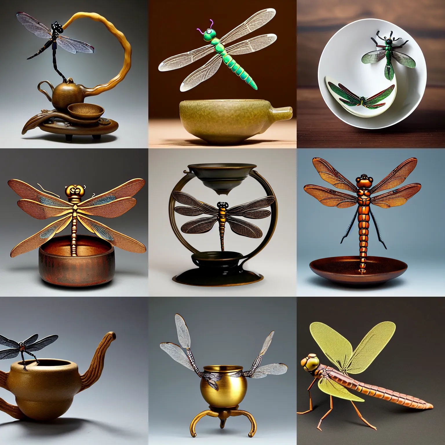 Prompt: Dragonfly-shaped, dragonfly-like, a bespoke dragonfly-formed tea-brewing pouring vessel in the shape of a dragonfly, that looks like a dragonfly, that has the form of a dragonfly, dragonfly-shaped