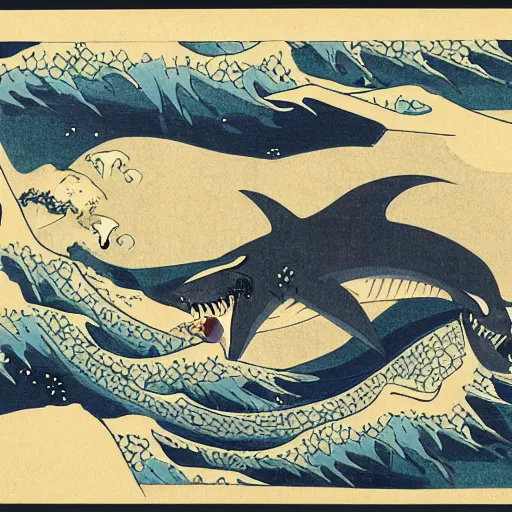 Prompt: shark swimming by hokusai