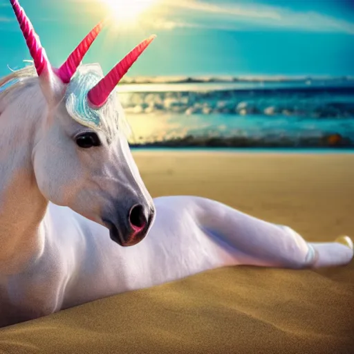 Prompt: a photograph of a unicorn unicorn on a sun bed at the beach, professional photograph, highly detailed, 4k, hd